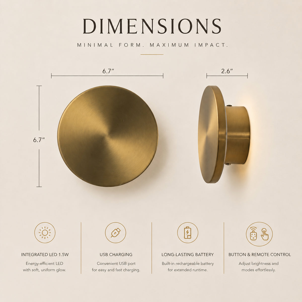 6.7 in. Rechargeable Integrated LED Wall Sconce in Brushed Brass, Cordless Indoor Wall Light