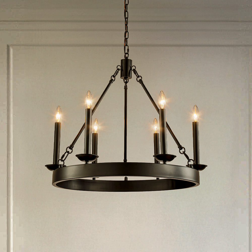 26'' 6-Light Modern Farmhouse Black Candelabra Chandelier Round Rustic Industrial Candle Pendant Lighting For Living Room and Dining Room