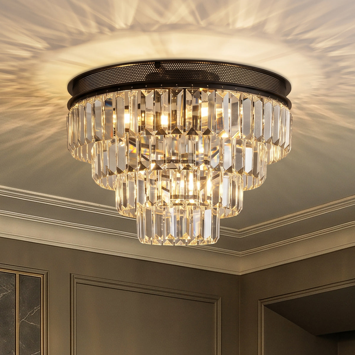 18'' Modern Classic Crystal Flush Mount With Matte Black Finish 4-Light Tiered Ceiling Light For Dining Room Foyer Bedroom