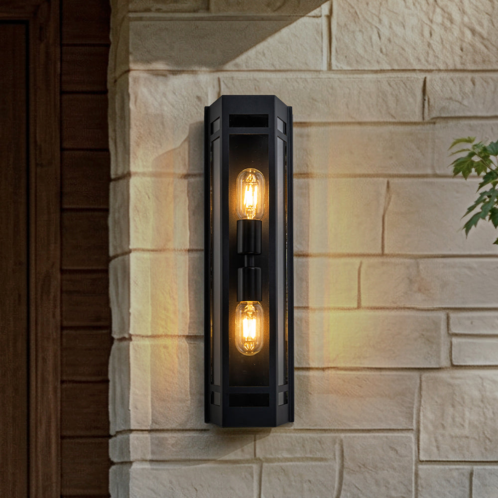 2-Light H20" Modern Black Outdoor Wall Light with Dusk-to-Dawn Sensor and Clear Tempered Glass Weather-Resistant Front Door Garage Exterior Lighting Fixture