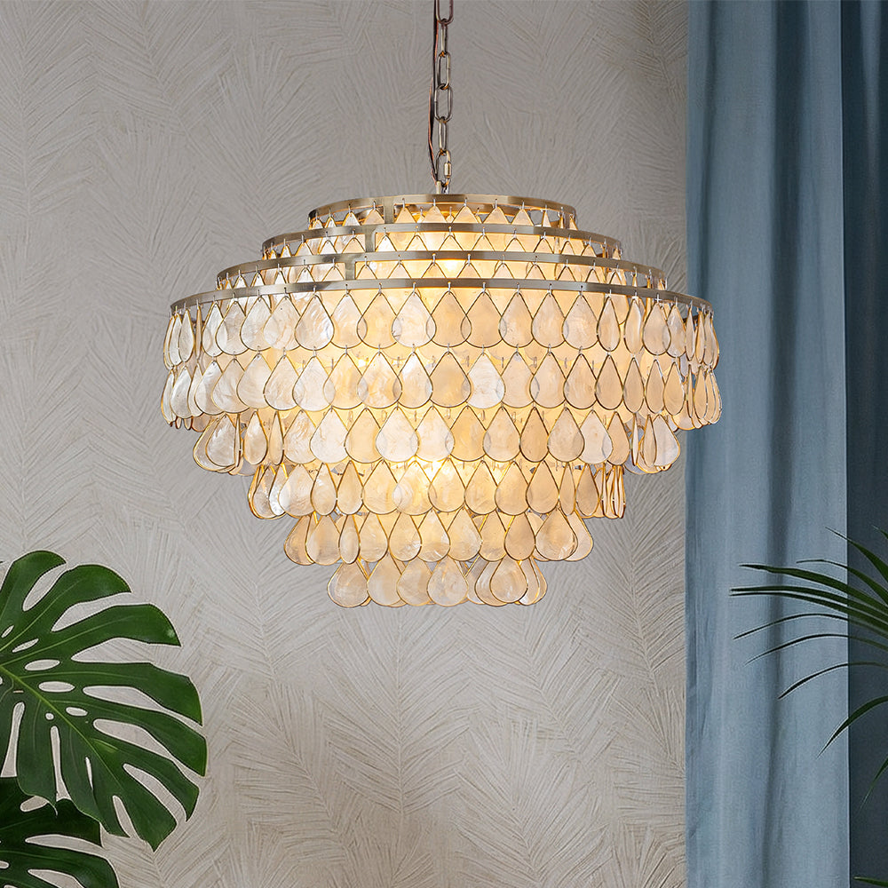 7-Light 24'' Mid-Century Modern Coastal Aged Bronze 4-Tier Natural Capiz Shell Chandelier Vintage Glam Pendant Light For Dining Room Living Room or Foyer