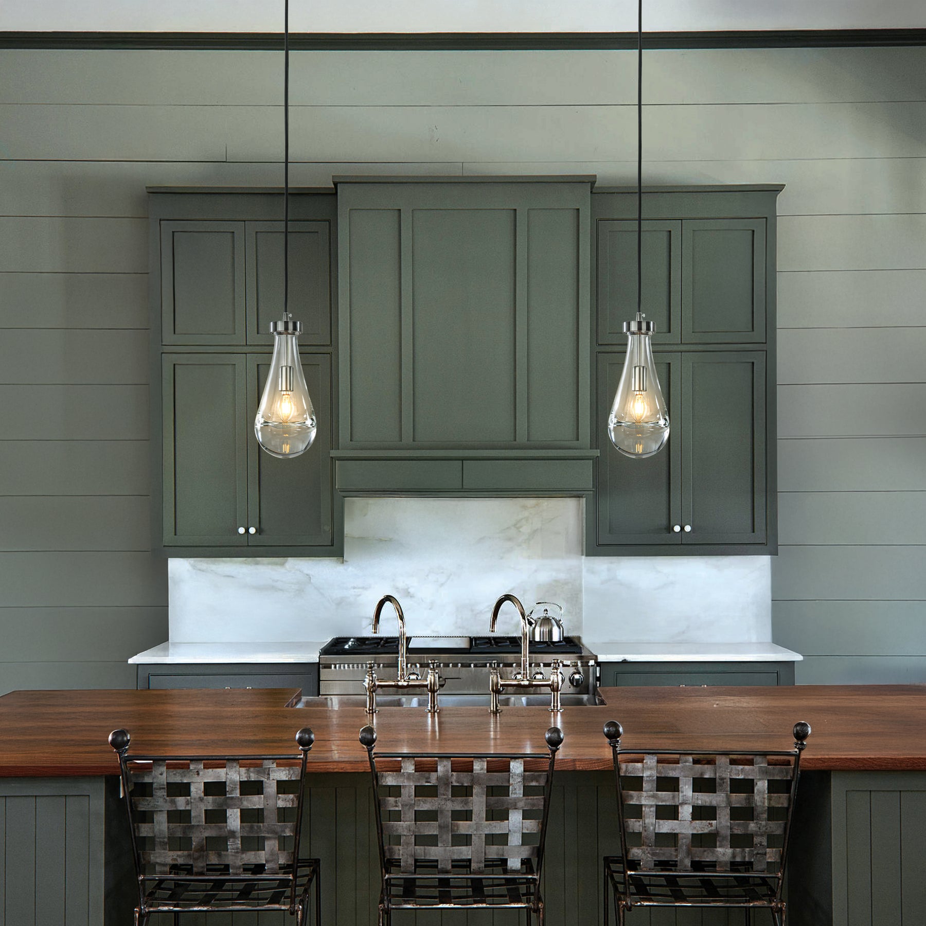 1-Light 5" Farmhouse Raindrop Glass Brush Black Nickel Chandelier Rustic Teardrop Cluster Pendant Light for Kitchen Island