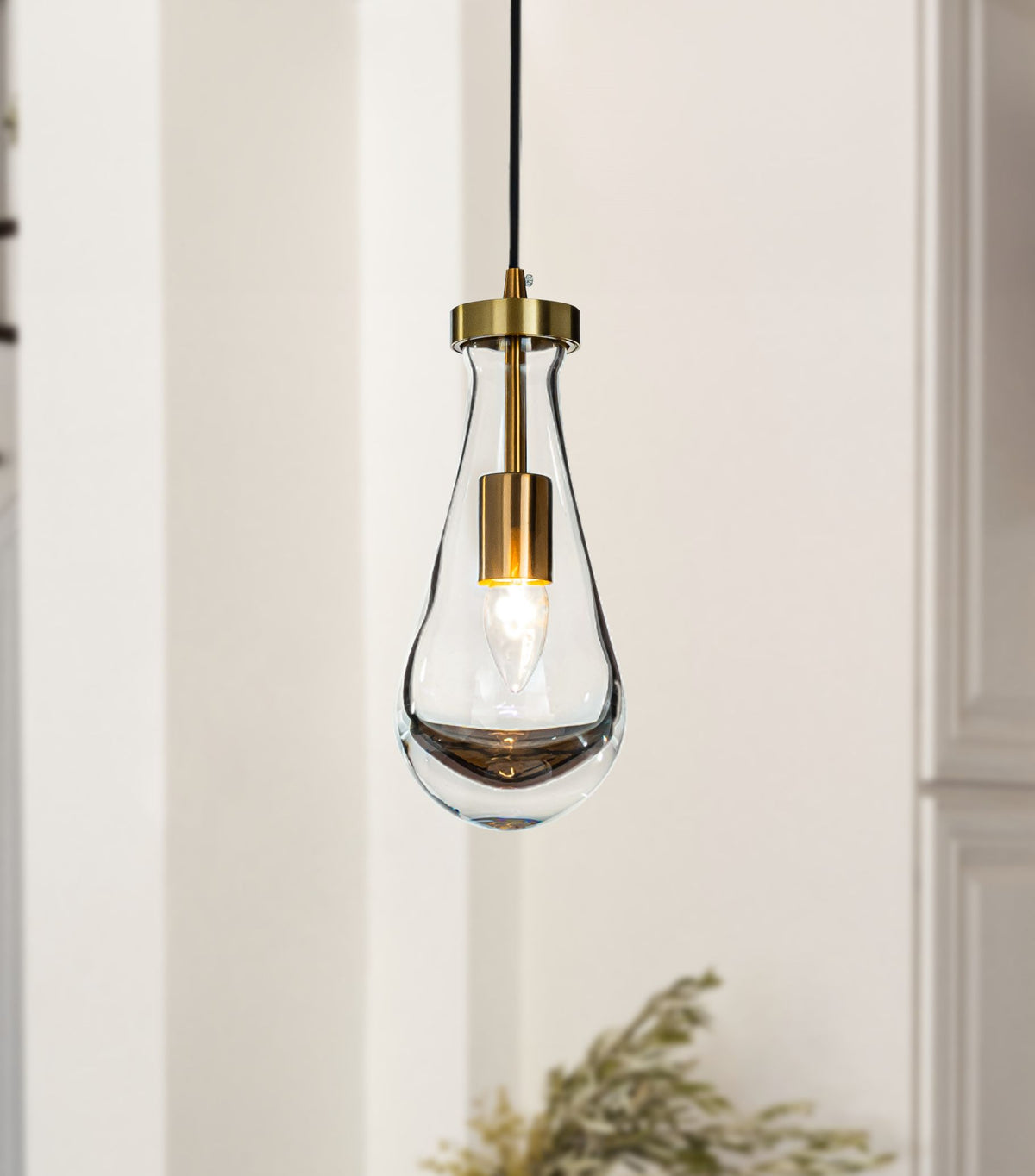 Rustic Mini Farmhouse Hand-Blown Clear Solid Glass Pendant Light  in Antique Brass