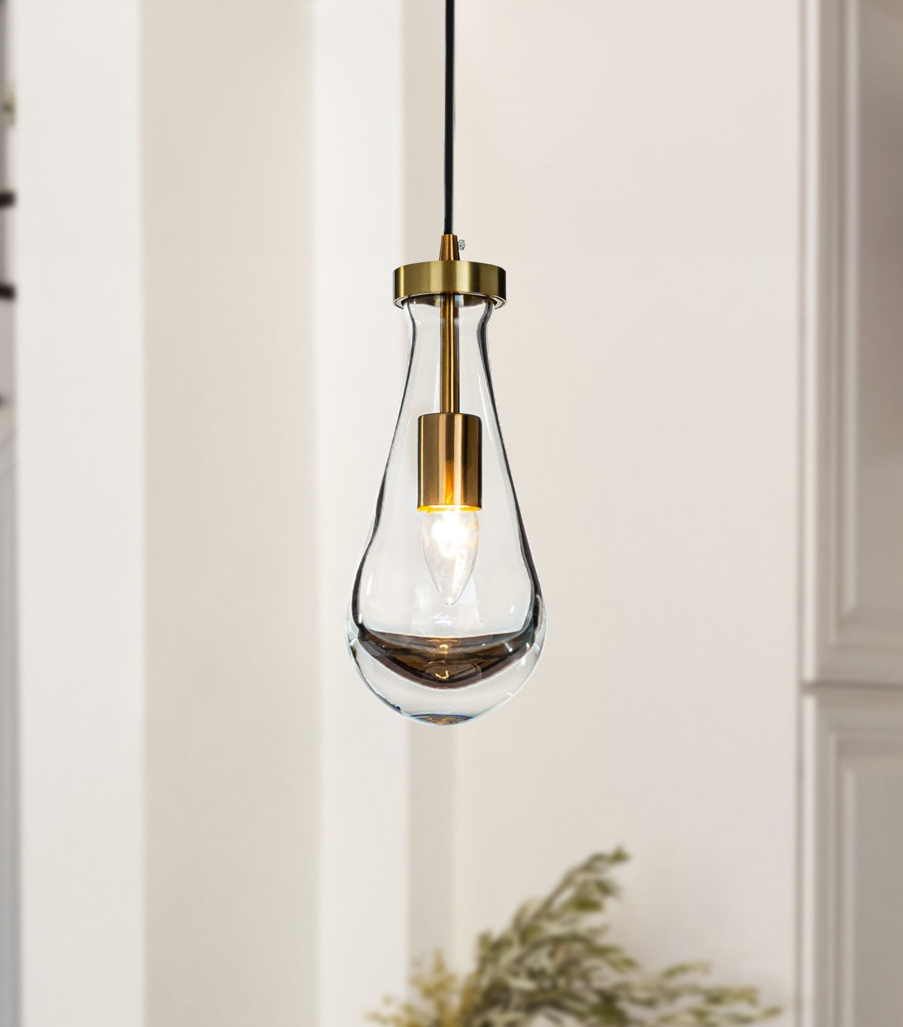Rustic Mini Farmhouse Hand-Blown Clear Solid Glass Pendant Light in Antique Brass
