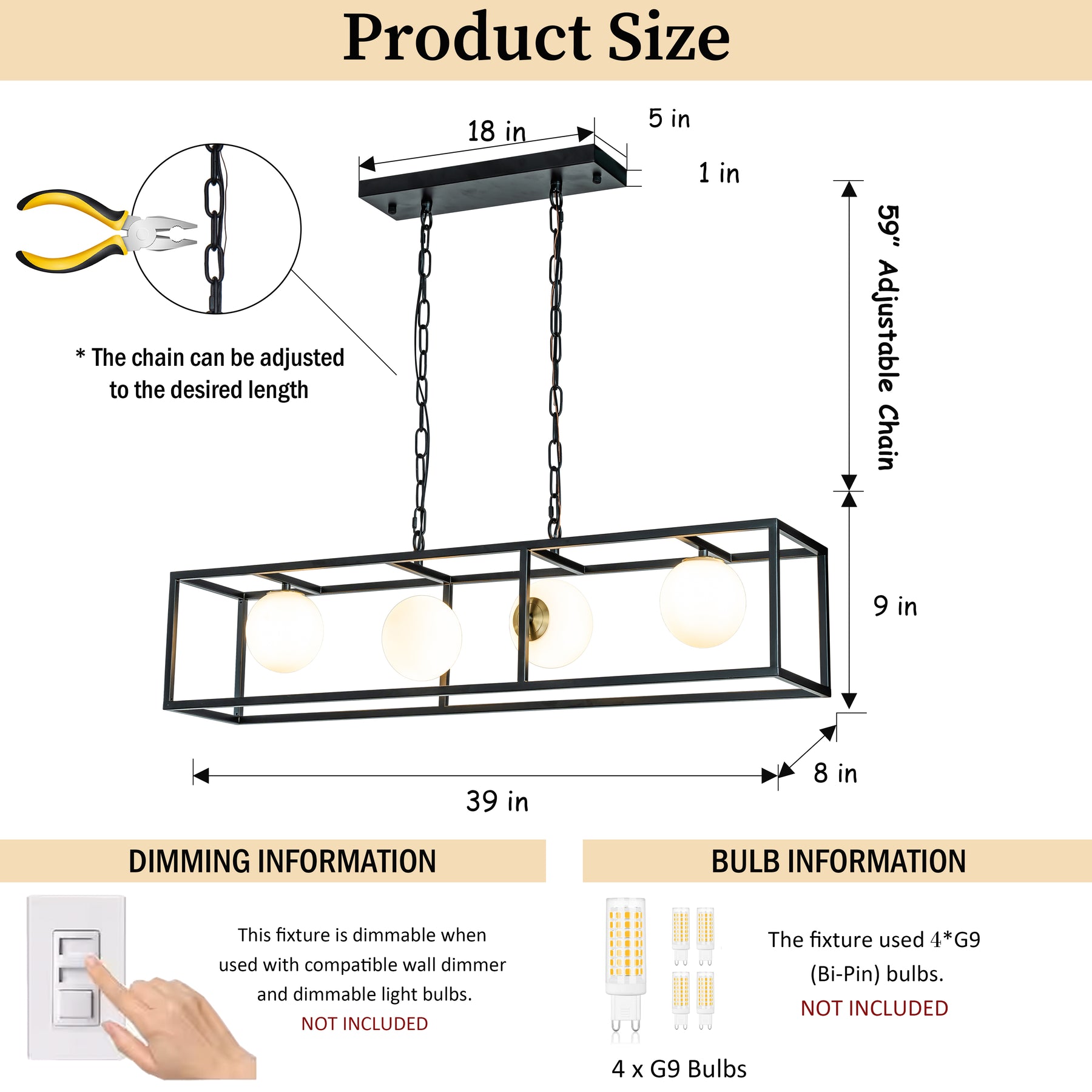 Modern Industrial Linear Rectangular Chandelier in Matte Black with Globe Glass Shade