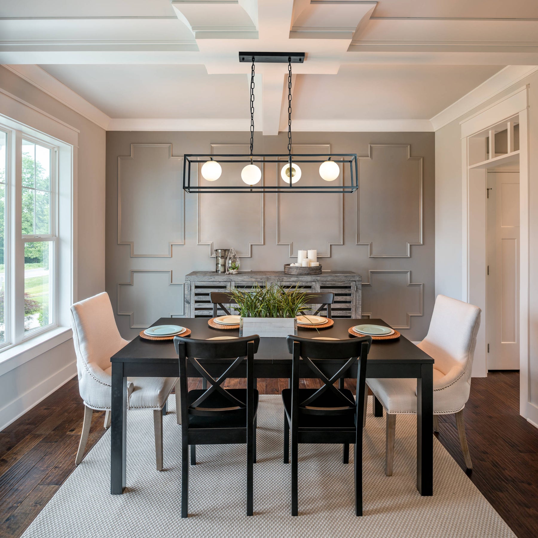 Modern Industrial Linear Rectangular Chandelier in Matte Black with Globe Glass Shade