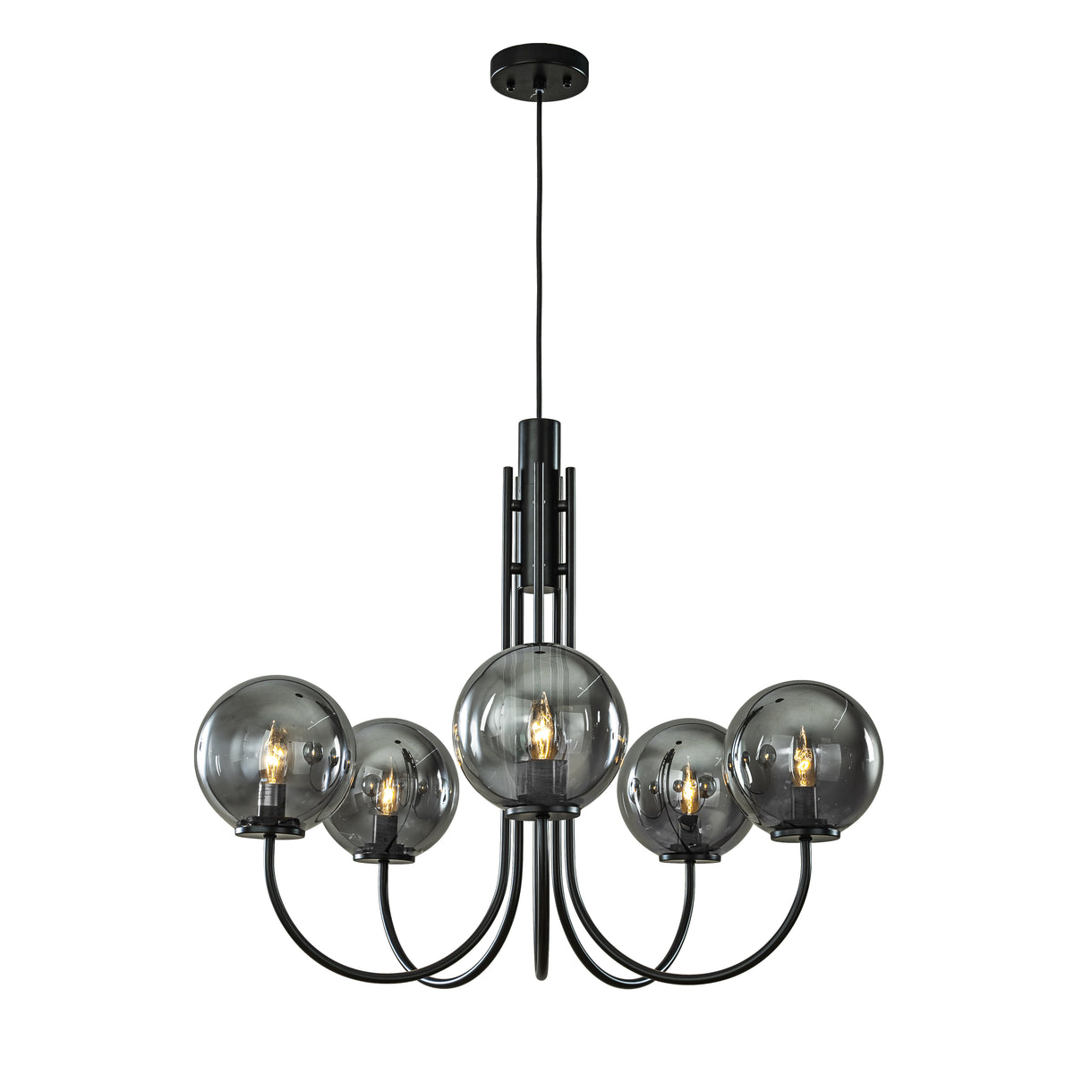 5-Light 32'' Wide Modern Glam Smoked Glass Globe Bubble Chandelier Contemporary Sputnik Black Hand Blown Glass Pendant Light For Living Room And Kitchen