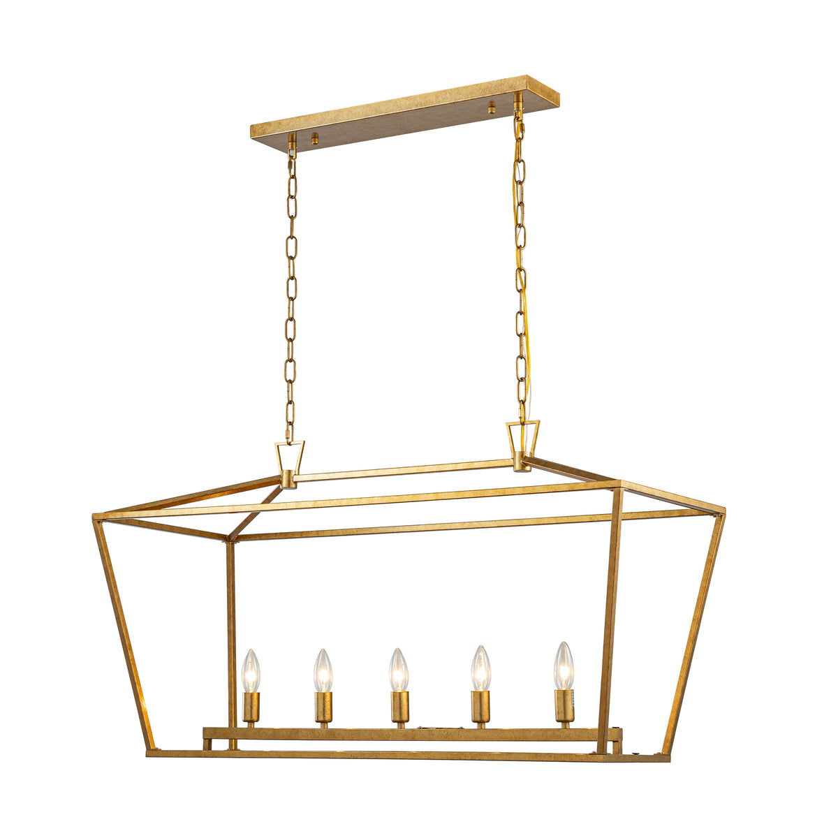 5-Light 39'' Modern Industrial Matte Gold Linear Lantern Geometric Chandelier Rectangle Cage Light For Kitchen Island