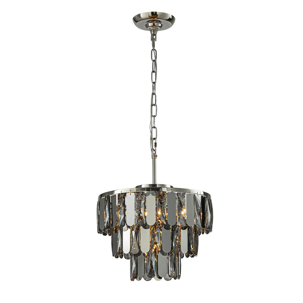 4-Light Dimmable Modern 3-Tier Smoked Crystal Chandelier 14" Contemporary Round Polished Nickel Pendant Light Fixture for Dining Room Bedroom