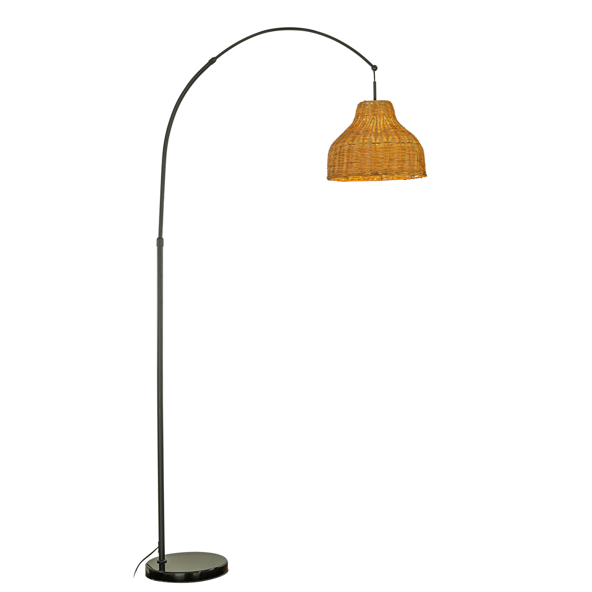 75" Matte Black Arc Floor Lamp with Rattan Shade & Marble Base