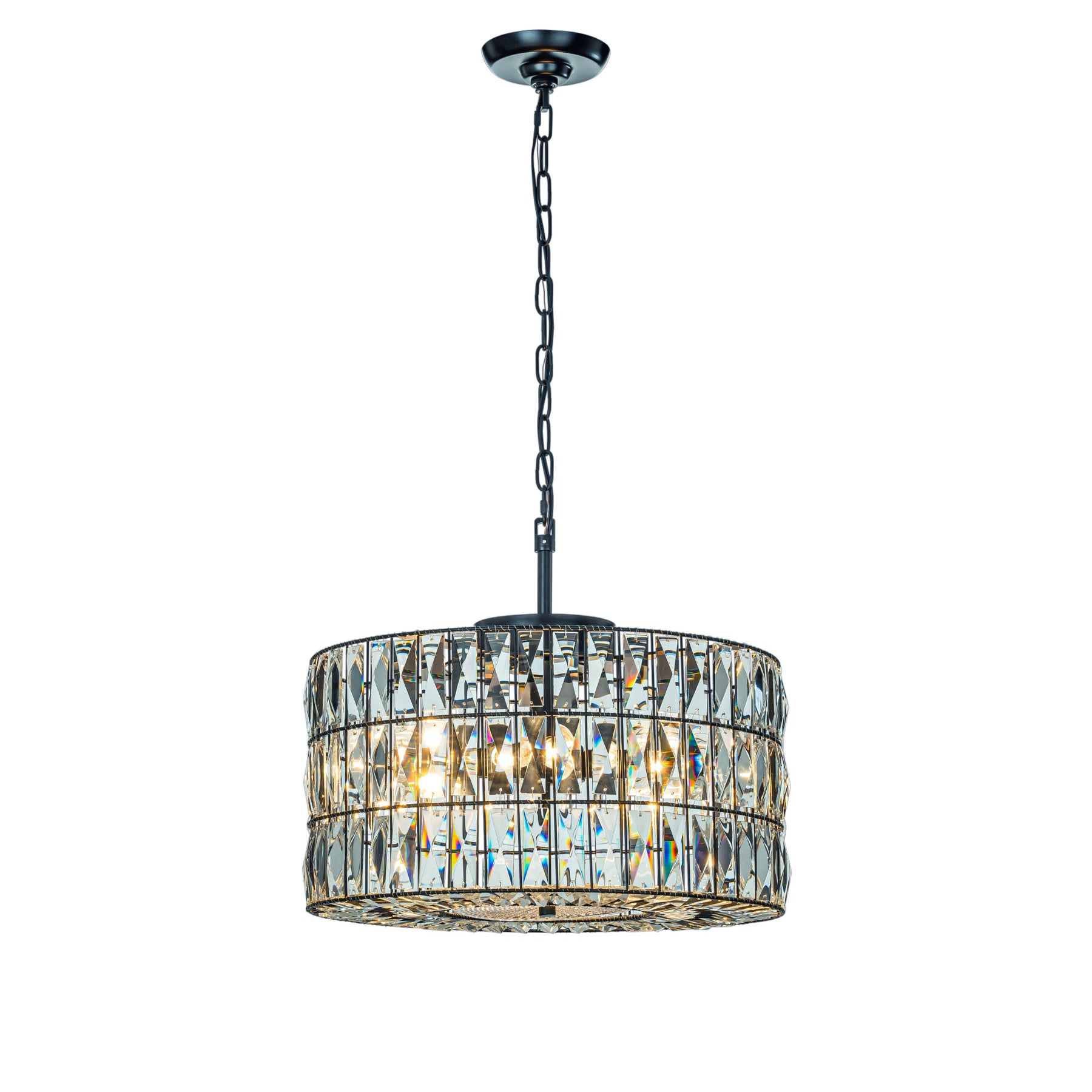 Modern Farmhouse Matte Black Drum Chandelier with Diamond Crystals