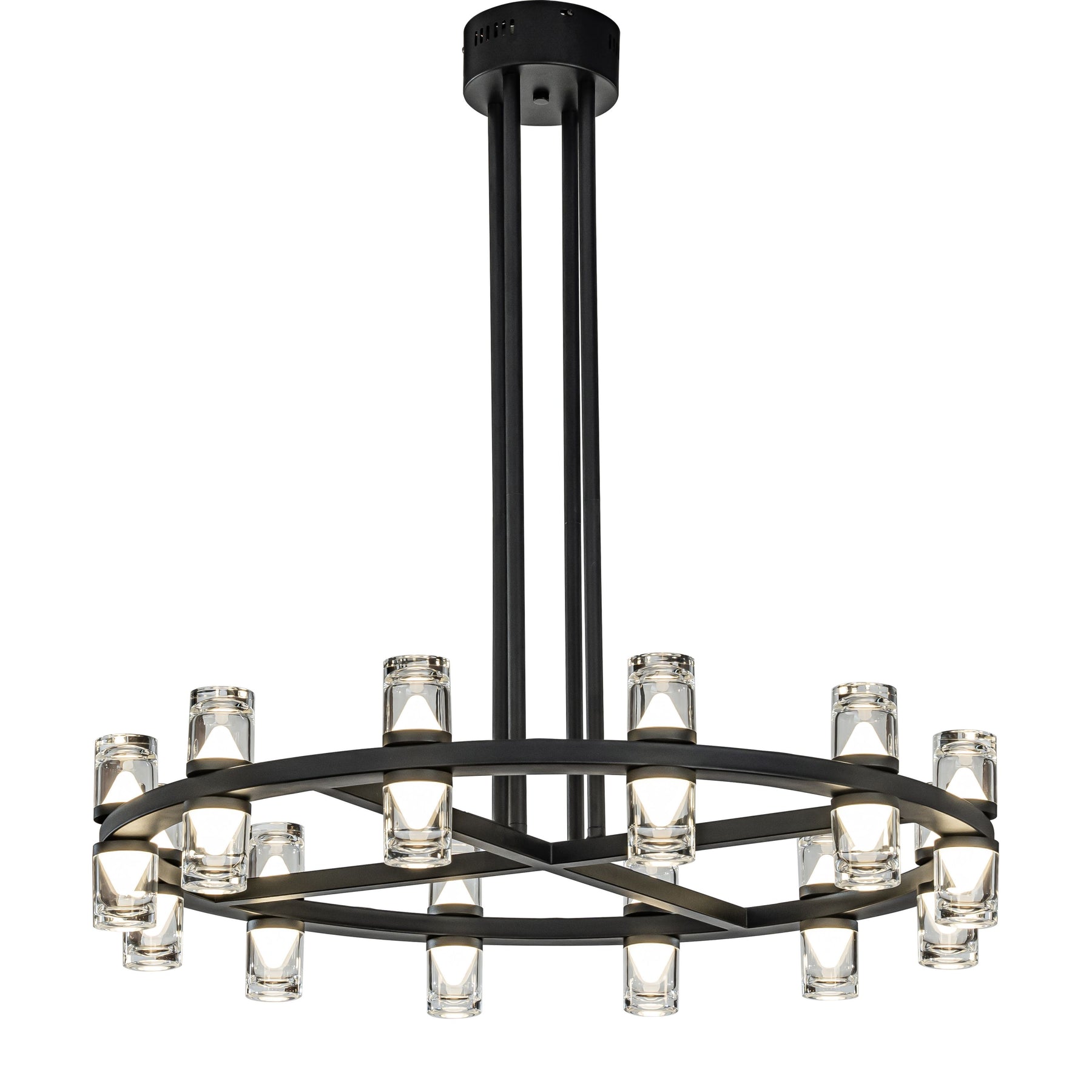 Mid-Century Modern 12-Light 32'' Rustic Industrial Round LED Chandelier In Matte Black Finish With Clear Acrylic Shades