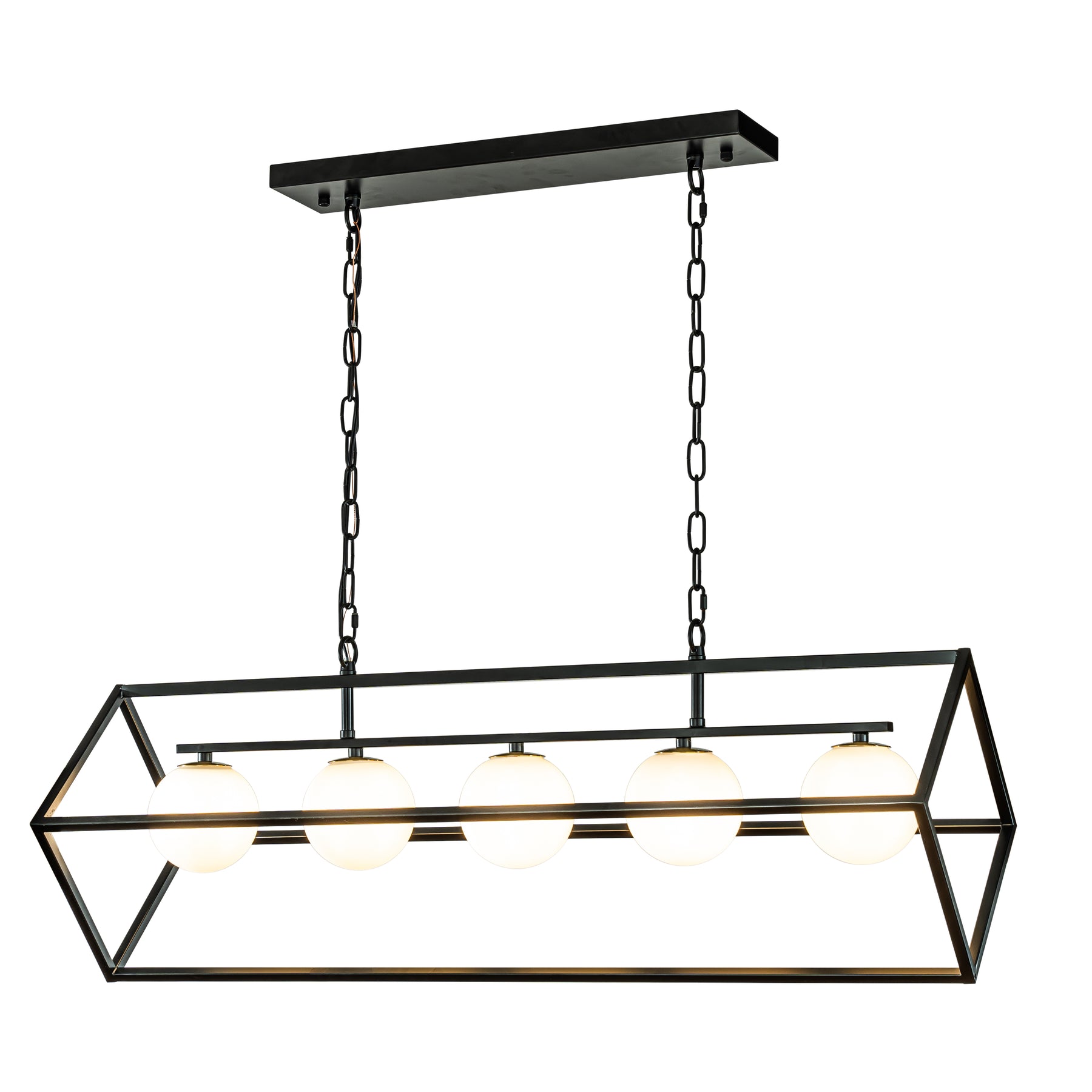 Industrial Linear Geometric Chandelier in Black Metal Frame with Globe Glass Shade