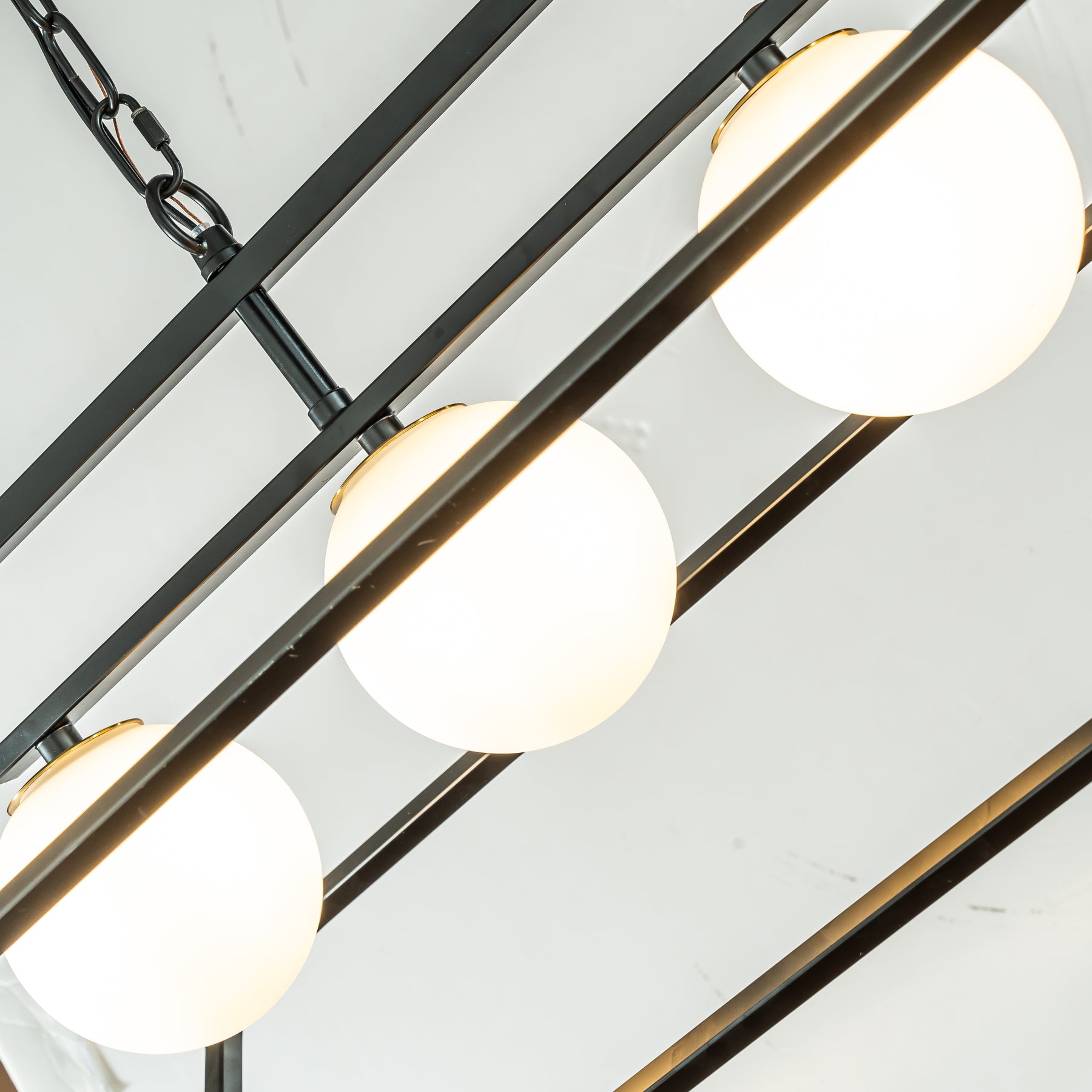 Industrial Linear Geometric Chandelier in Black Metal Frame with Globe Glass Shade