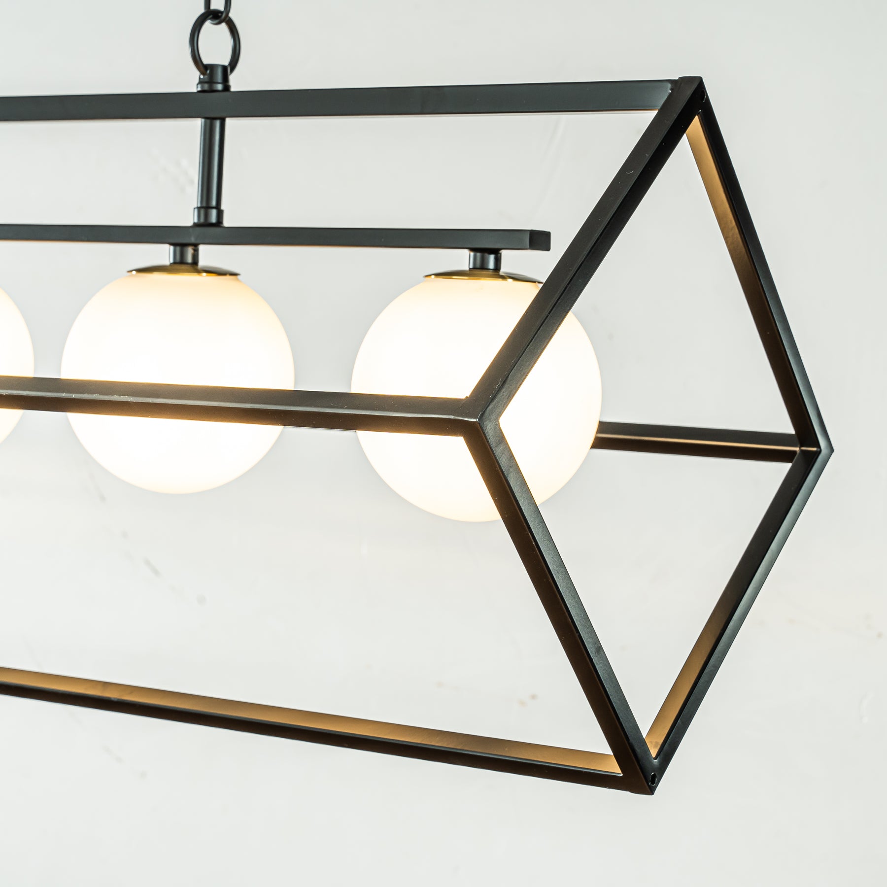 Industrial Linear Geometric Chandelier in Black Metal Frame with Globe Glass Shade