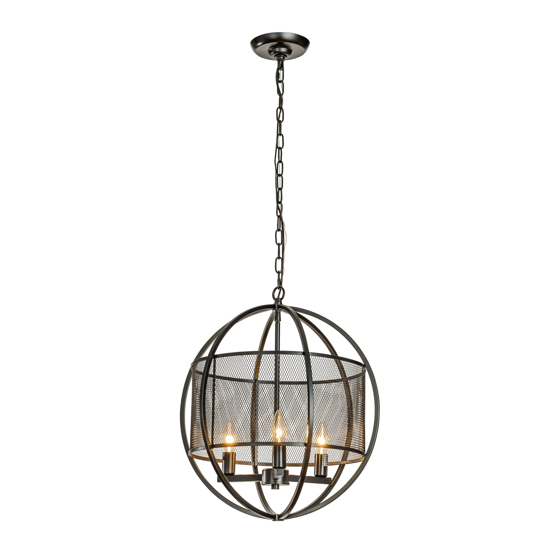 Industrial Globe Chandelier with Caged Metal Shade