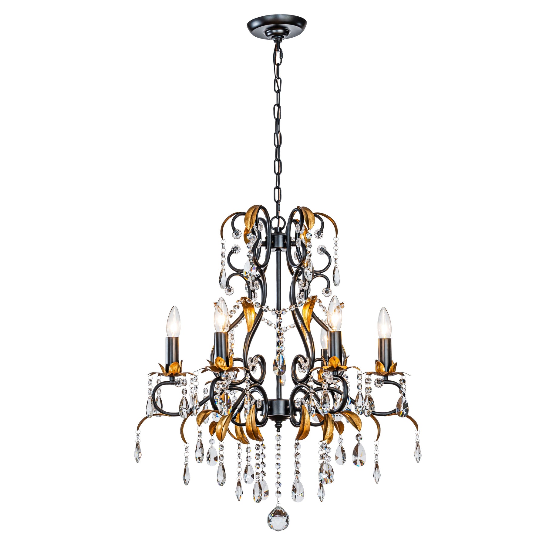 French Style Crystal Chandelier in Matte Black and Antique Gold