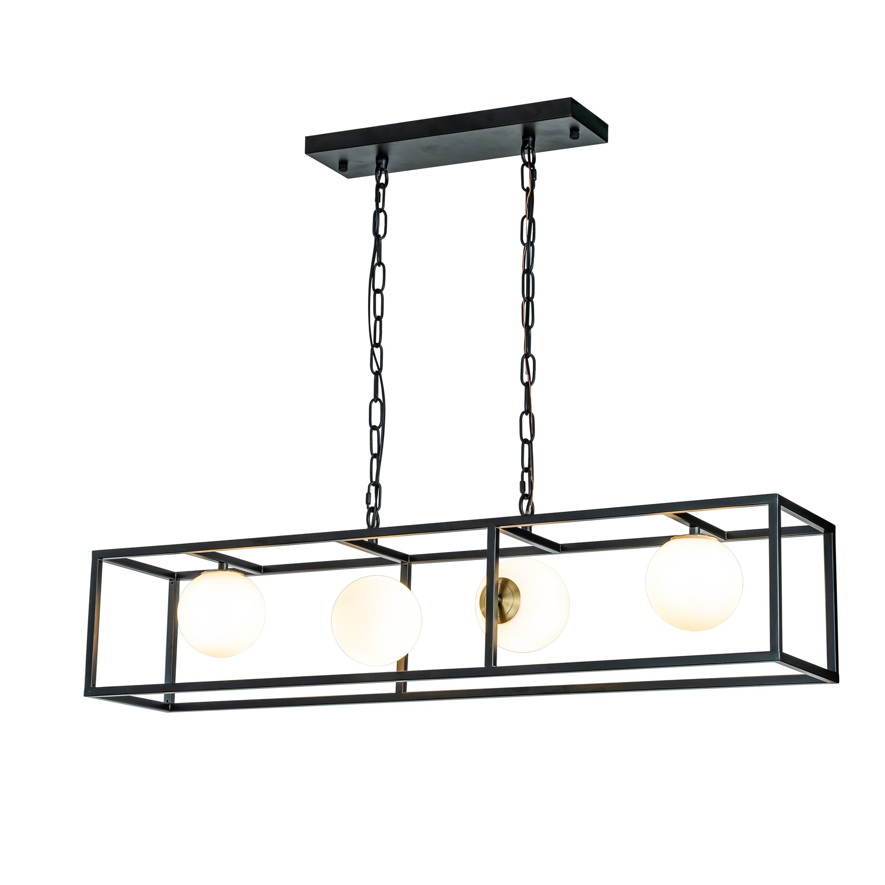 Modern Industrial Linear Rectangular Chandelier in Matte Black with Globe Glass Shade