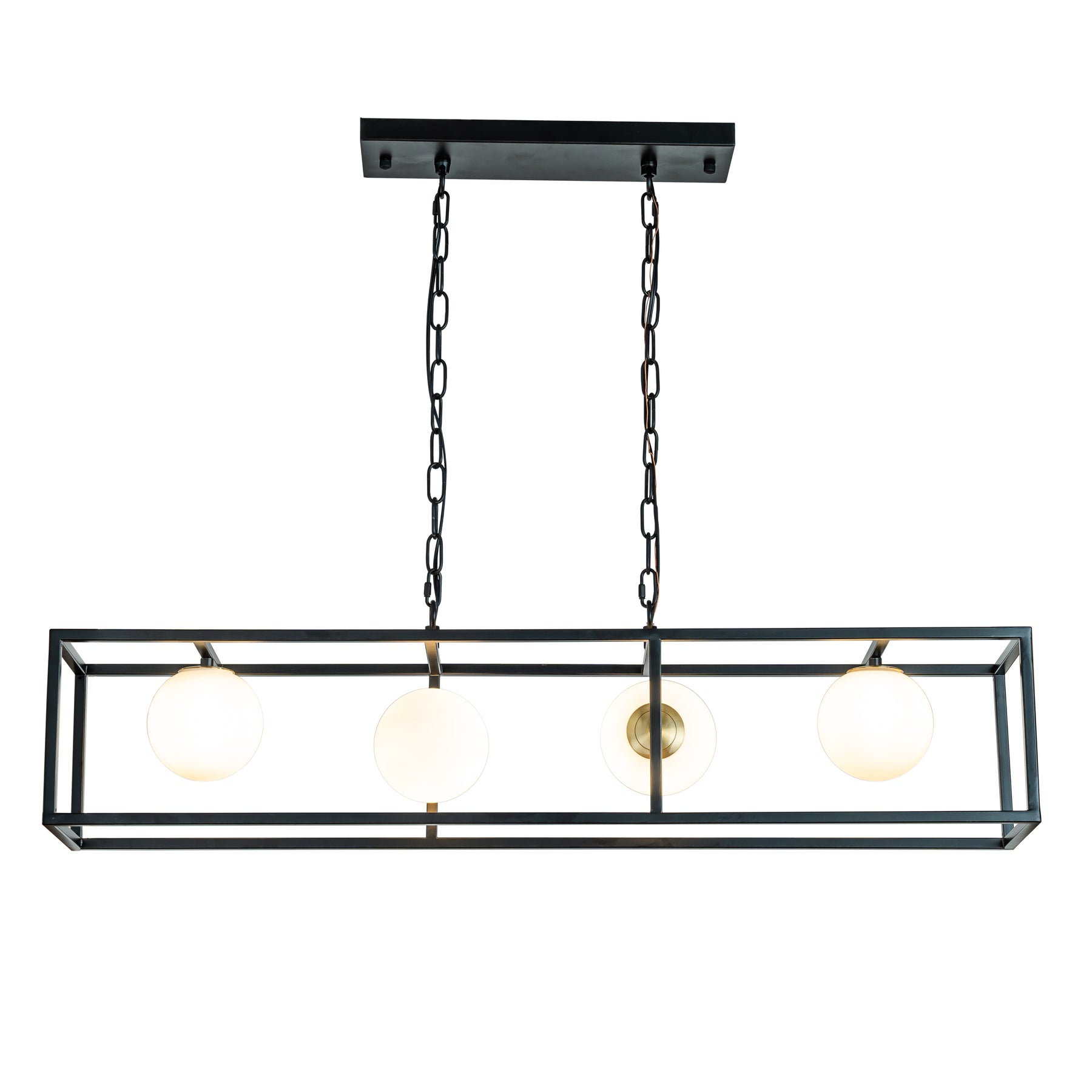 Modern Industrial Linear Rectangular Chandelier in Matte Black with Globe Glass Shade