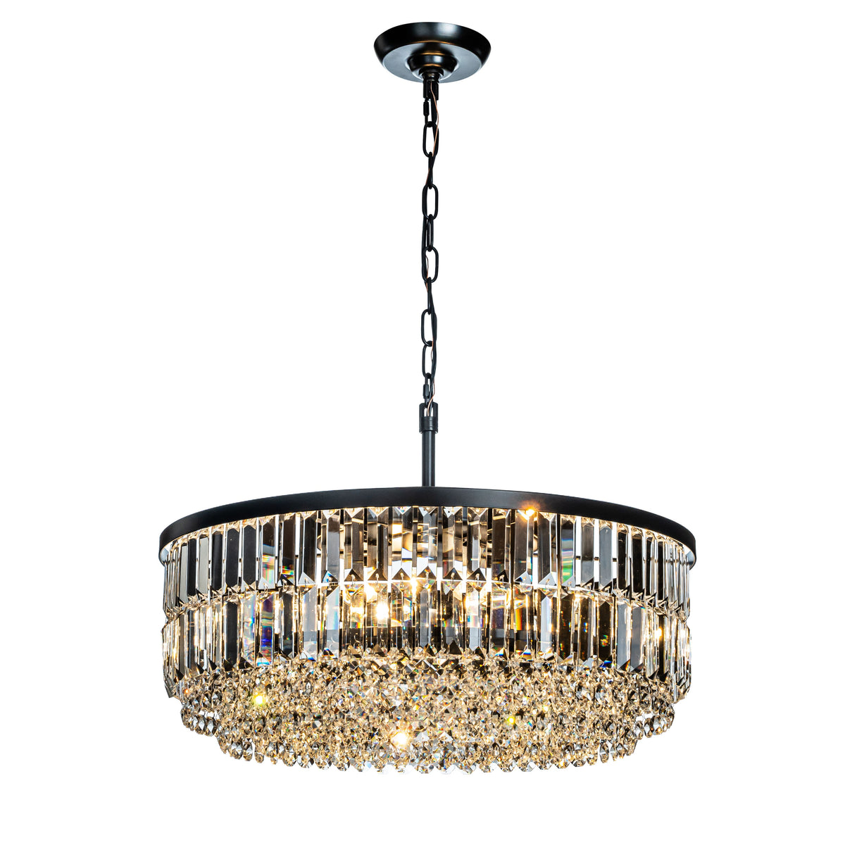 Modern Glam Matte Black Round Chandelier with Clear Crystal