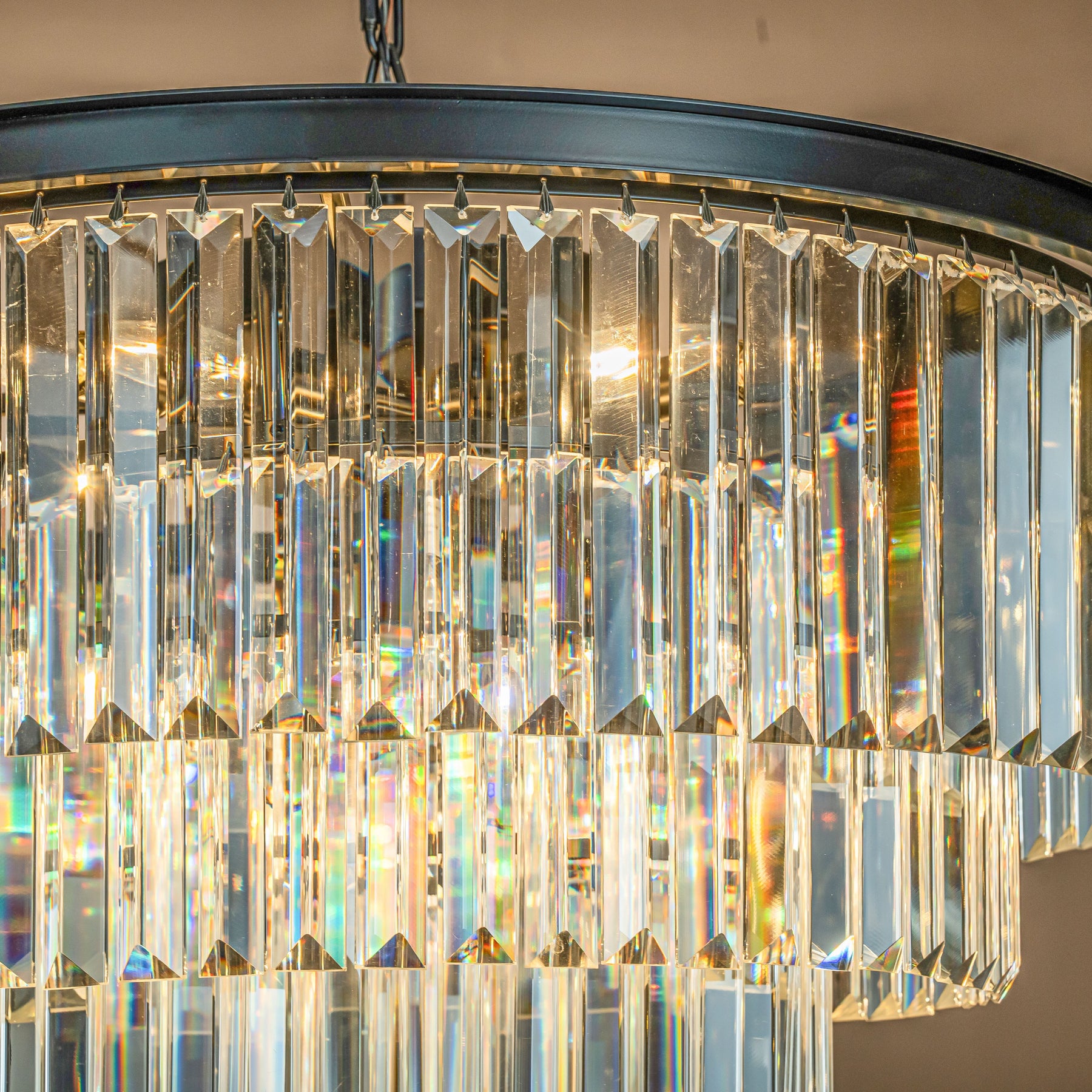 Mid-Century Modern Round Tiered Fringe Crystal Chandelier