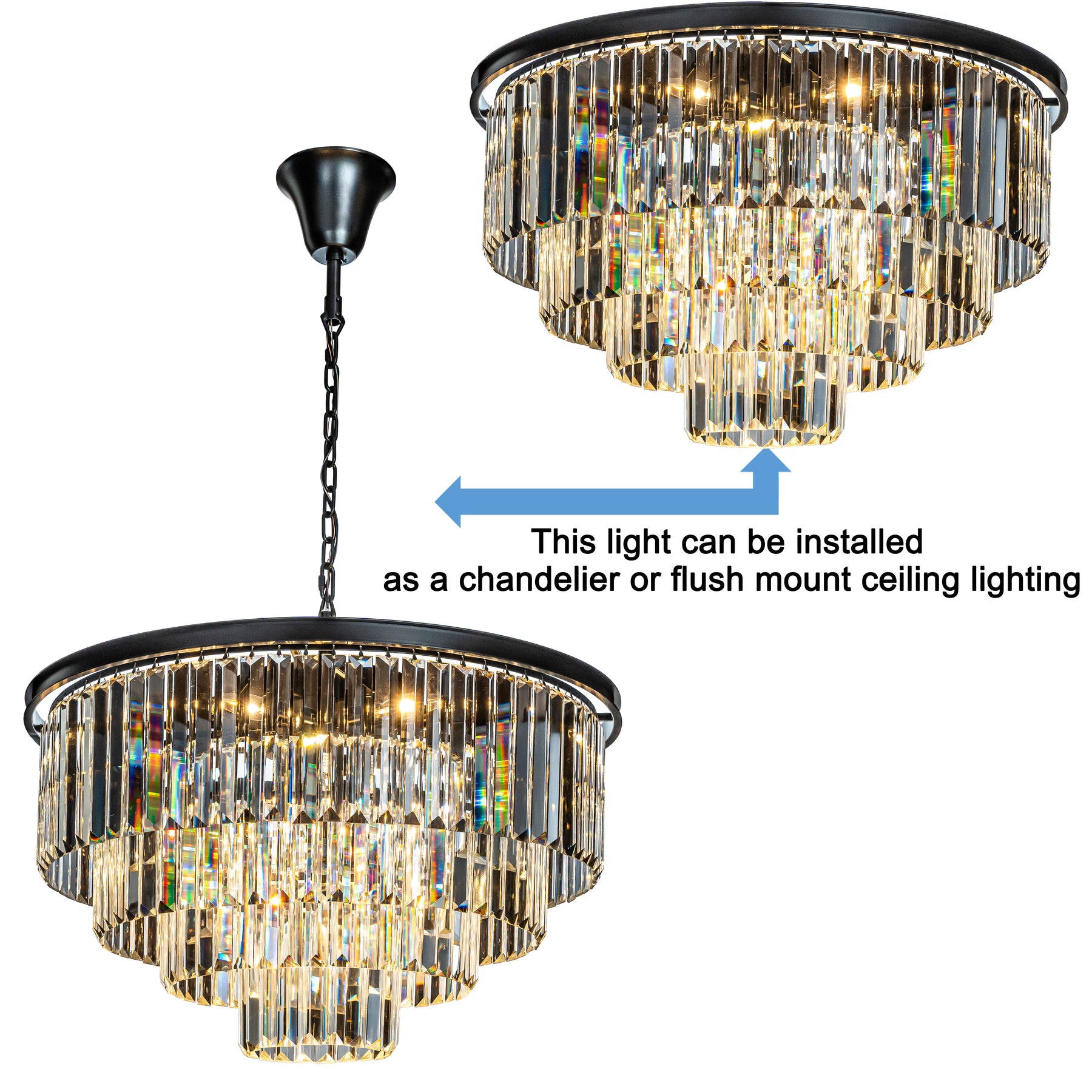 OPEN BOX- Mid-Century Modern Round Tiered Fringe Crystal Chandelier