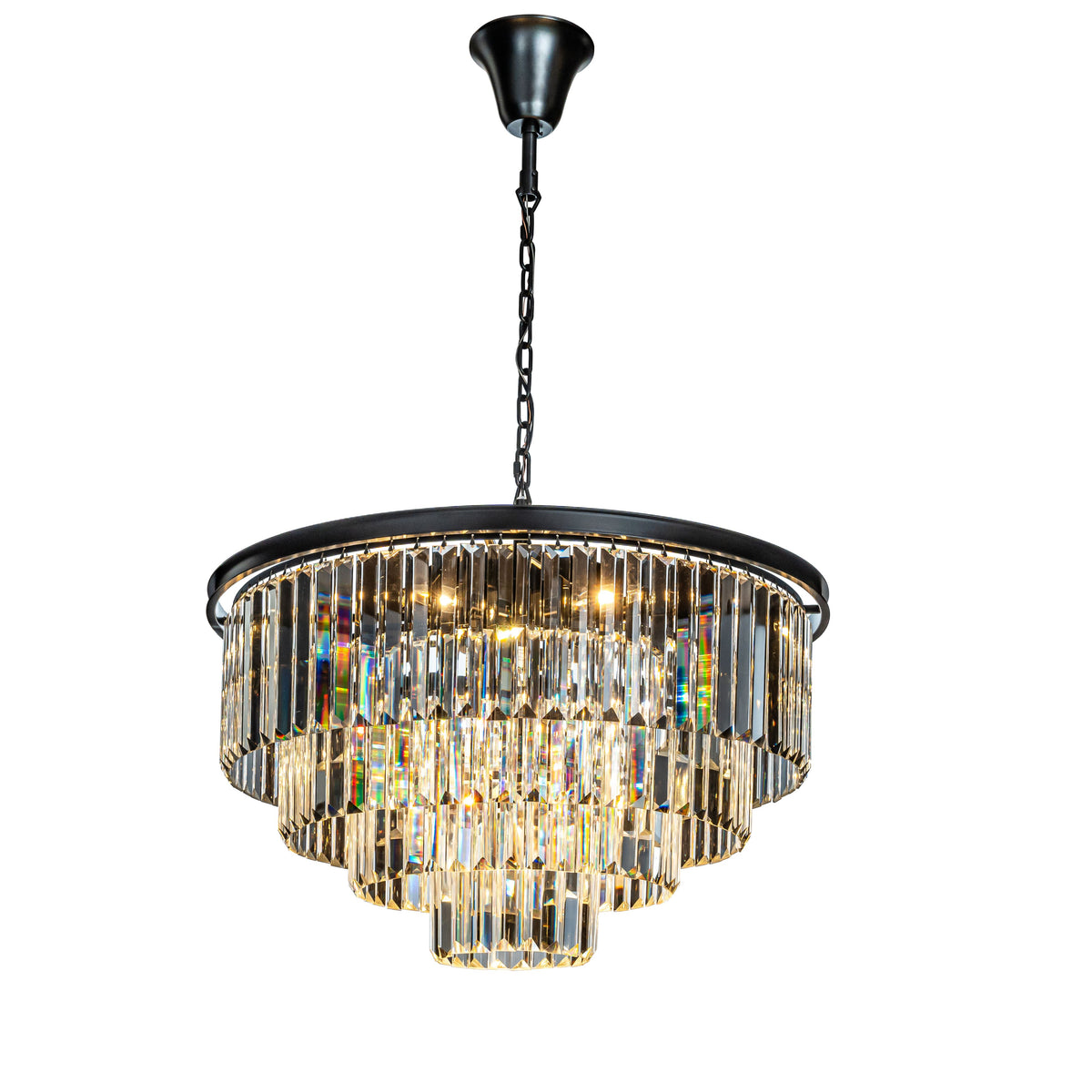 Mid-Century Modern Round Tiered Fringe Crystal Chandelier