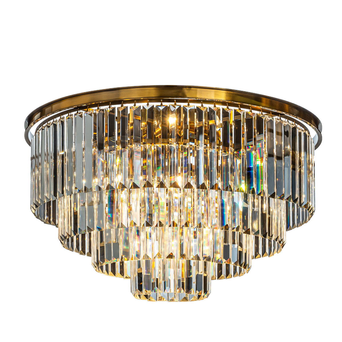 Mid-Century Modern Antique Gold Fringe Crystal Flush Mount