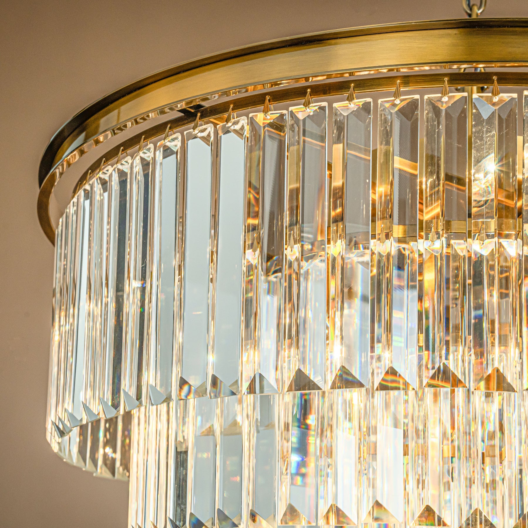 Mid-Century Modern Antique Gold Fringe Crystal Chandelier