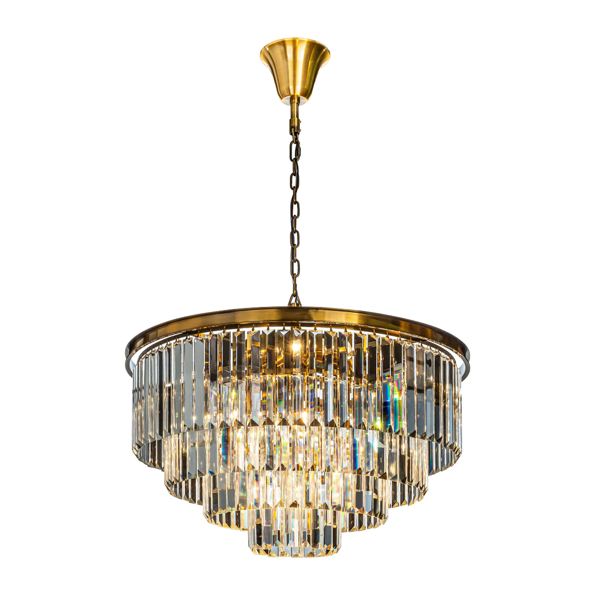 Mid-Century Modern Antique Gold Fringe Crystal Chandelier