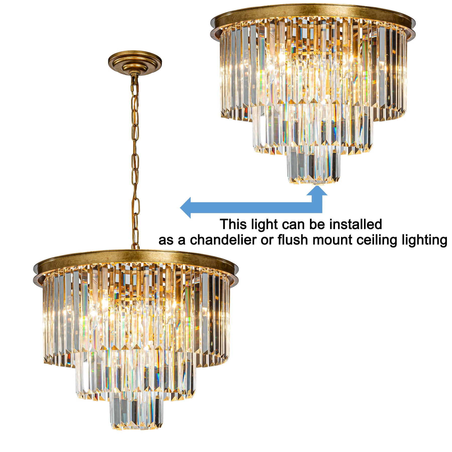 Modern Unique Tiered Crystal Chandelier in Matte Gold for Dining Room