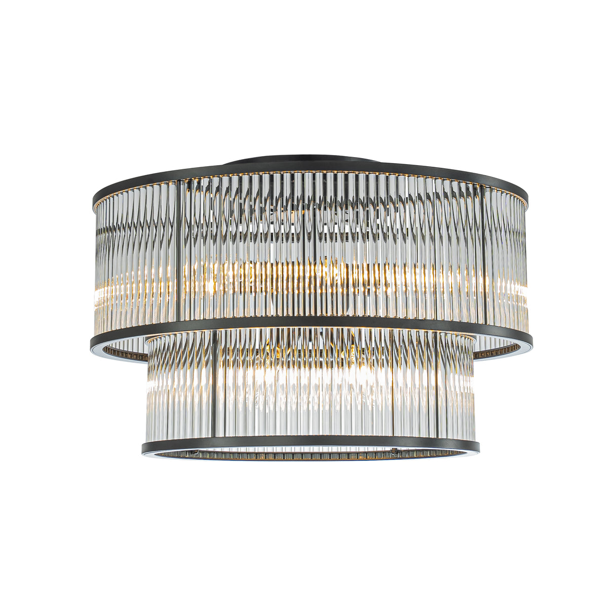 W21in Modern Glam 10-Light 2 Tiered Glass Drum Flush Mount Ceiling Lighting in Matte Black Contemporary Round Close to Ceiling Light