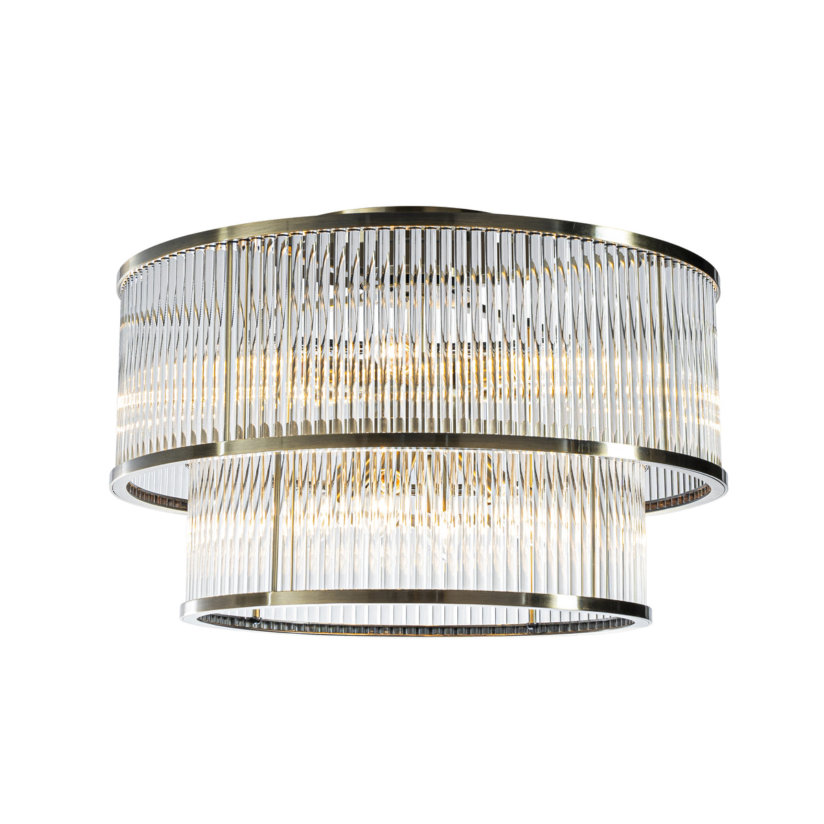 W21in Modern Glam 10-Light 2 Tiered Glass Drum Flush Mount Ceiling Lighting in Antique Bronze Contemporary Round Close to Ceiling Light