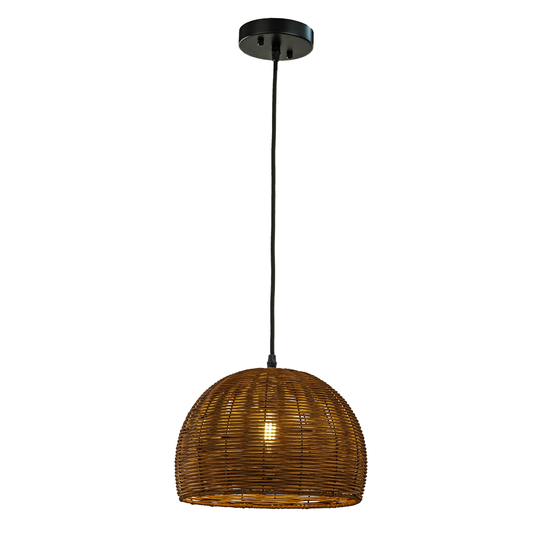 1-Light 12" Farmhouse Brown and Black Natural Rattan Dome Pendant Light with Handmade Bamboo Shade for Kitchen Island