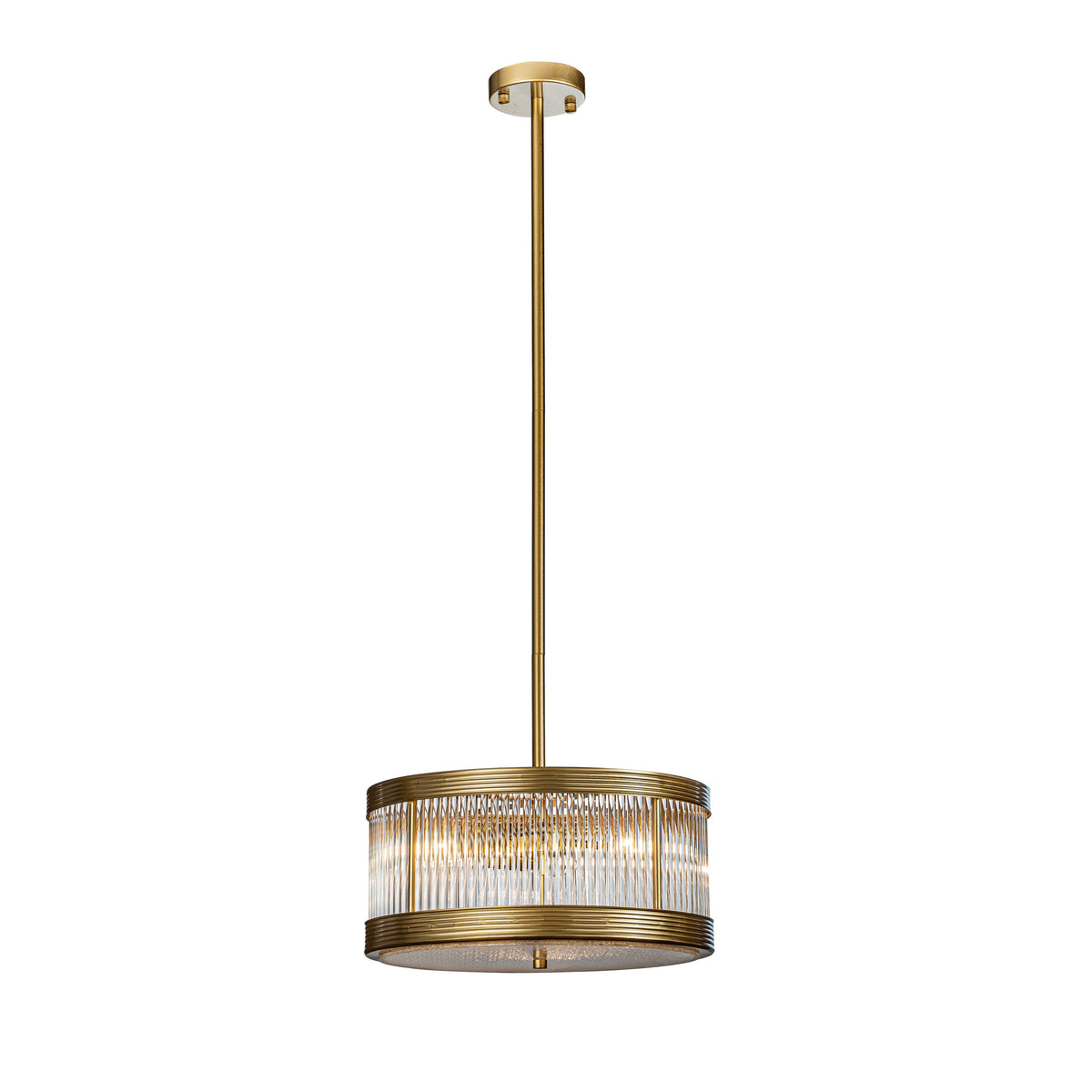 OPEN BOX-Mid-Century Modern Drum Chandlier in antique gold with Ribbed Glass Cylinder