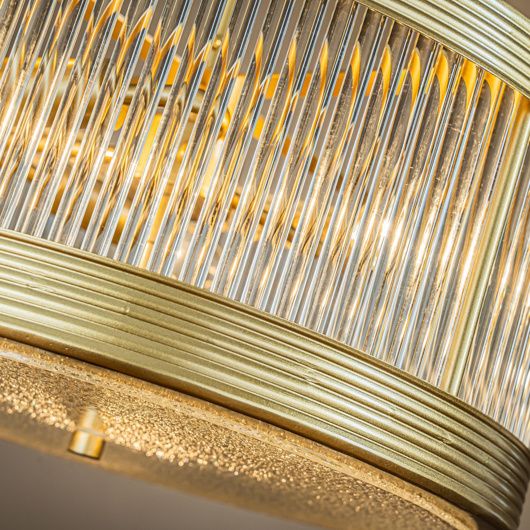 OPEN BOX-Mid-Century Modern Drum Chandlier in antique gold with Ribbed Glass Cylinder