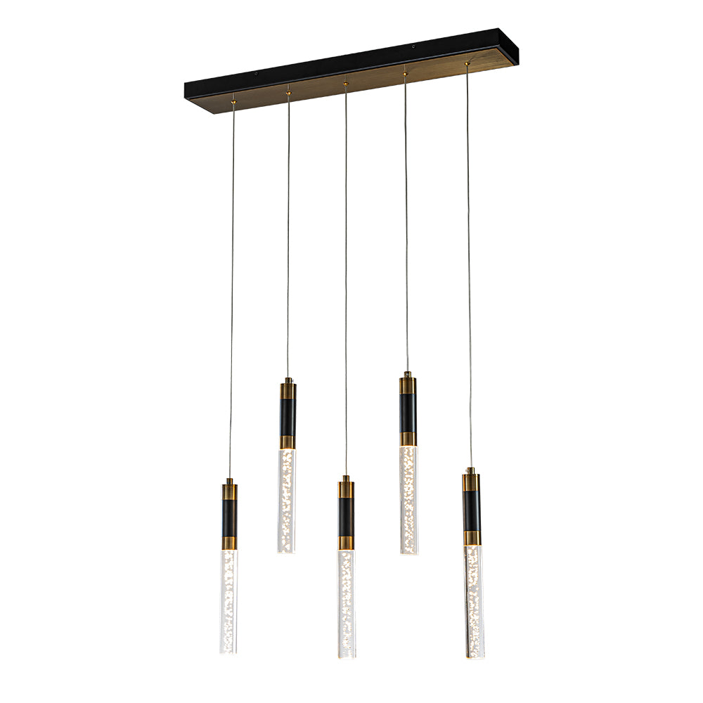 31" Modern Linear 5-Light Seeded Bubble Glass Integrated LED Chandelier Dimmable Pendant Light In Matte Black For Dining Room Kitchen Island