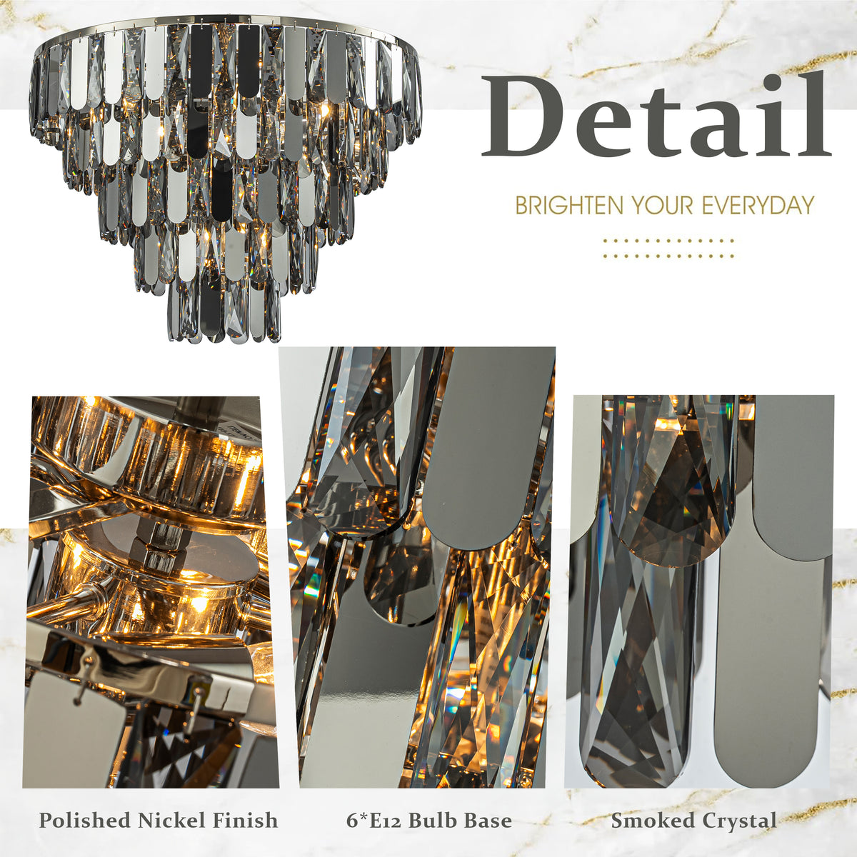 6-Light Dimmable 5-Tier Smoked Crystal Flush Mount Ceiling Light 22" Low Profile Fixture with Polished Nickel Finish and Stainless Steel Accents for Bedroom, Dining Room