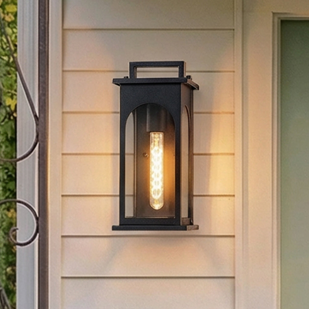 1-Light Modern 13 Inch Outdoor Wall Lantern Black Exterior Sconce with Clear Tempered Glass & Dusk-to-Dawn Sensor for Front Door Porch Light