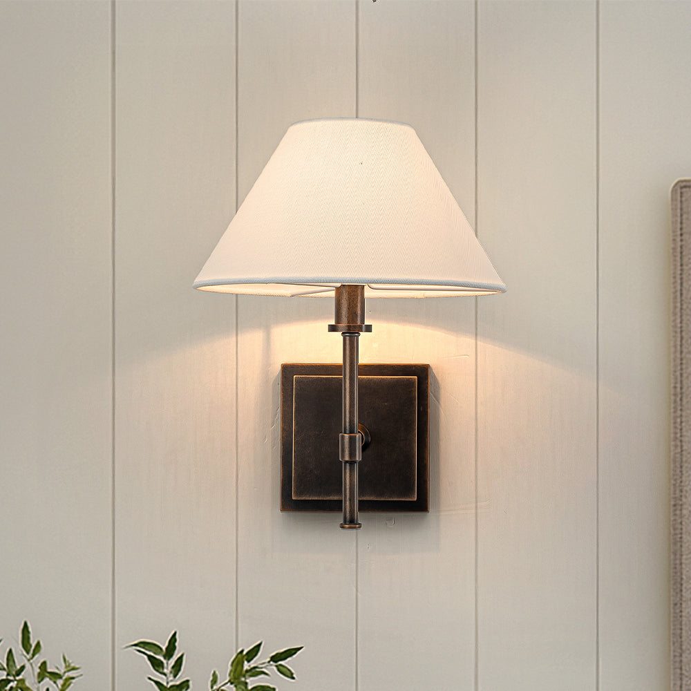 Modern Bronze 12'' Tall 1-Light Fabric Shade Wall Sconces Farmhouse White Linen Tapered Shade Sconce For Bathroom Mirror Hallway