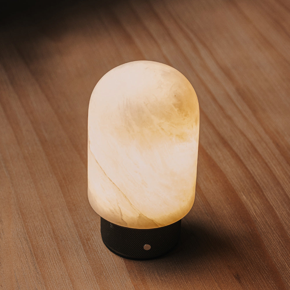 Natural Spanish Alabaster Cordless Rechargeable Dome Table Lamp with 3-Level Dimmable Flicker-Free LED and Long-Lasting Battery Bedside Lamp