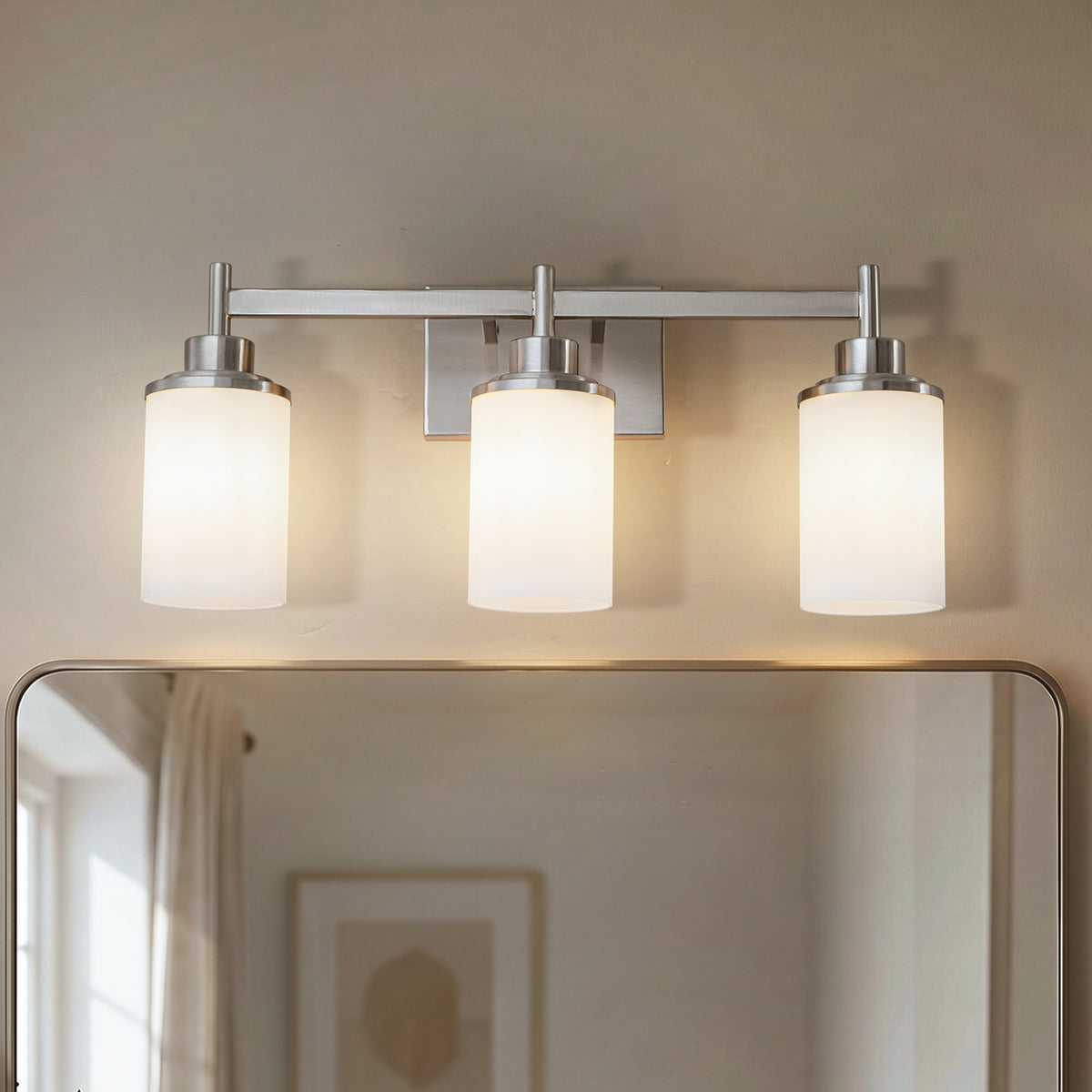 Modern 3-Light Bathroom Vanity Light, Brushed Nickel Wall Sconce with Opal Glass Shades 22 in. Wall Mounted Fixture for Mirror, Bathroom, Hallway