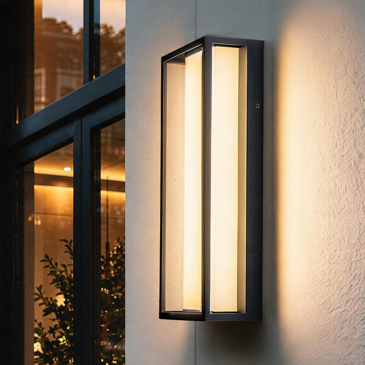 H15" Modern Outdoor Integrated LED Wall Sconce Set of 2 with Acid-Etched White Glass