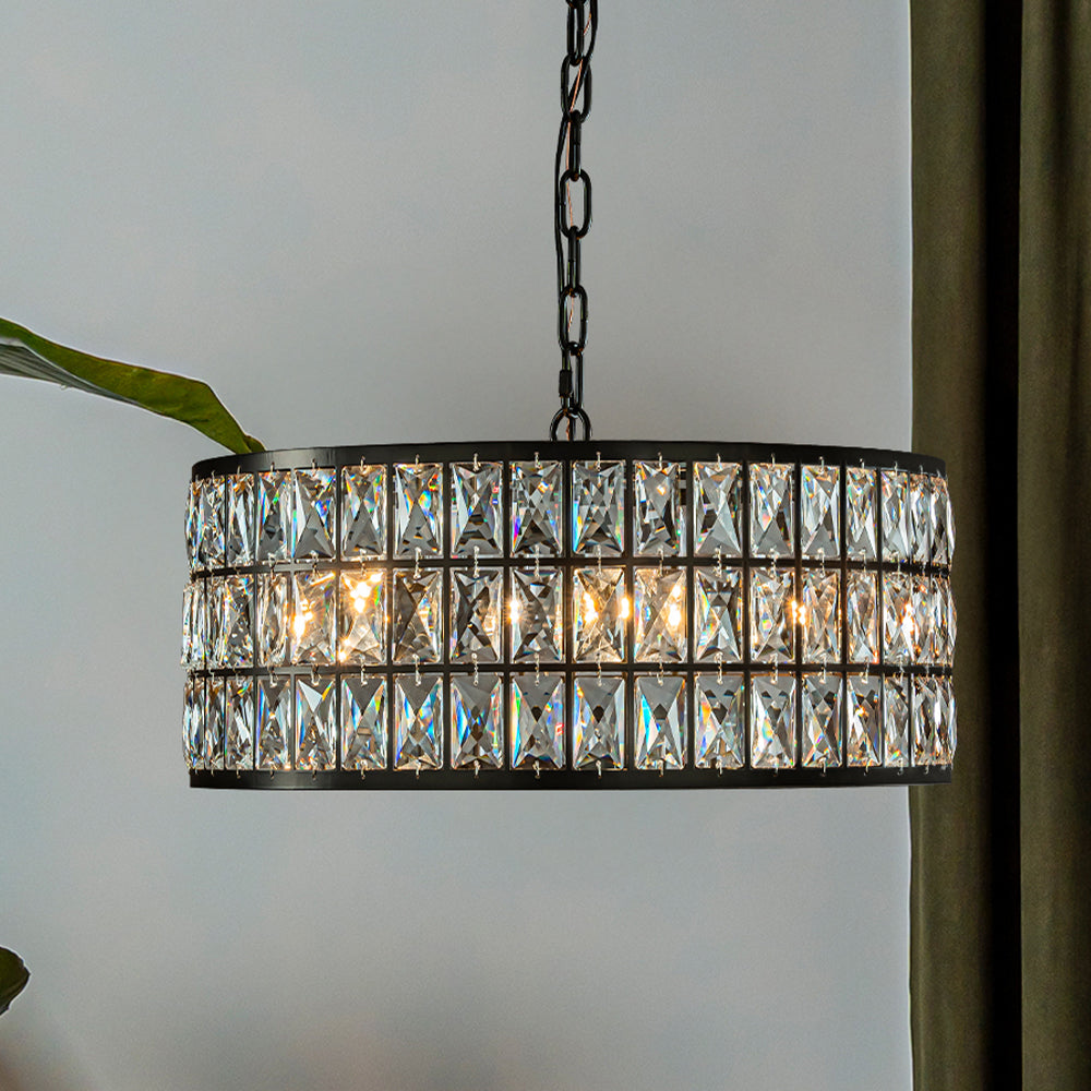 20" Modern Crystal Chandelier Matte Black Finish 6-Light Round Drum Pendant Light Fixture for Dining Room Kitchen