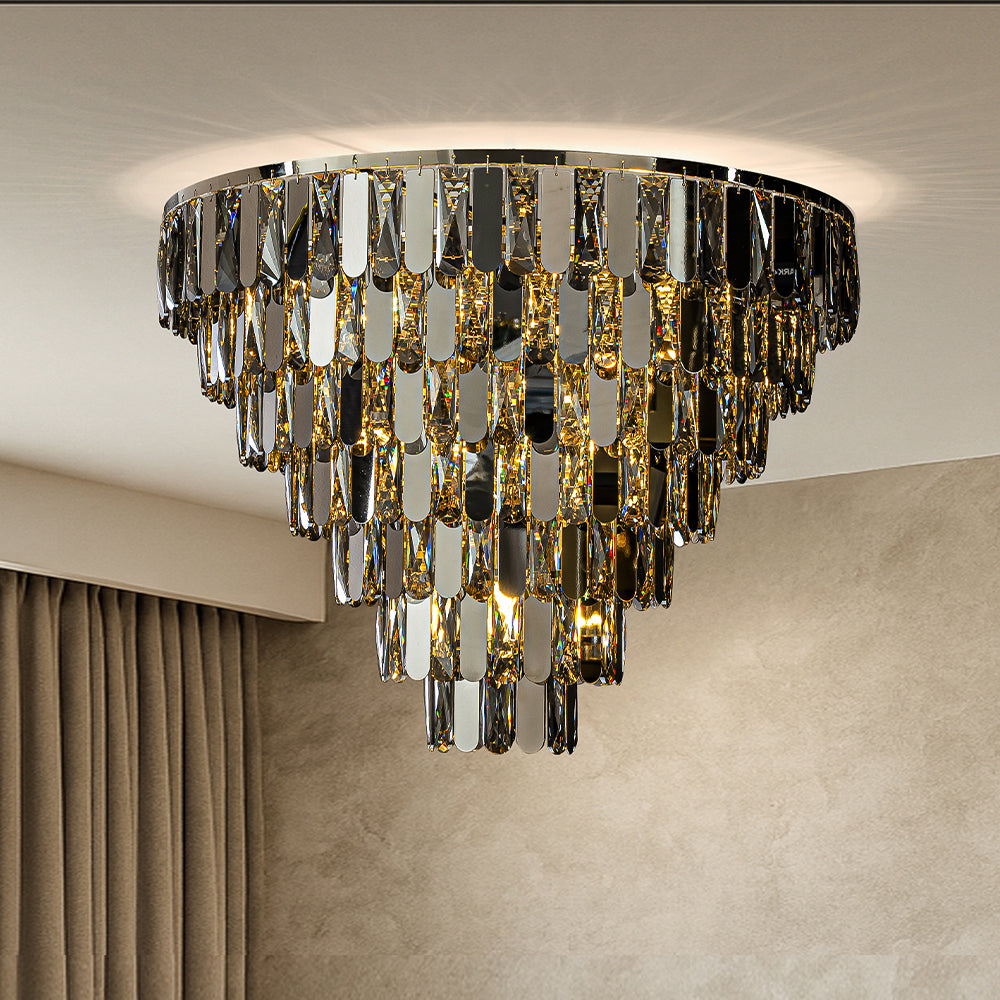 28" 12-Light Dimmable 7-Tier Smoked Crystal Flush Mount Ceiling Light Low Profile Luxury Fixture with Polished Nickel Finish and Stainless Steel Accents for Living Room, Dining Room