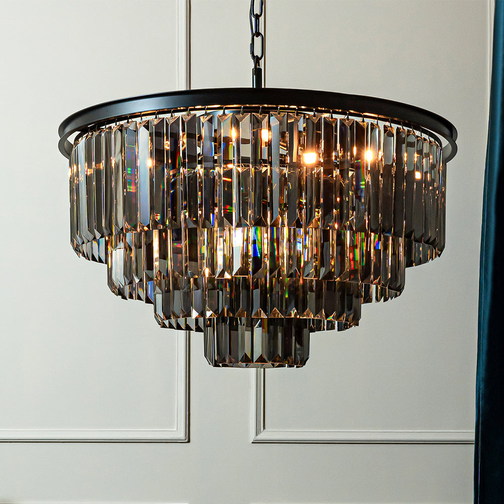 10-Lights 32'' Modern Matte Black 4-Tier Round Fringe Chandelier with Smoke Crystal Accent For Dining Room of Foyer