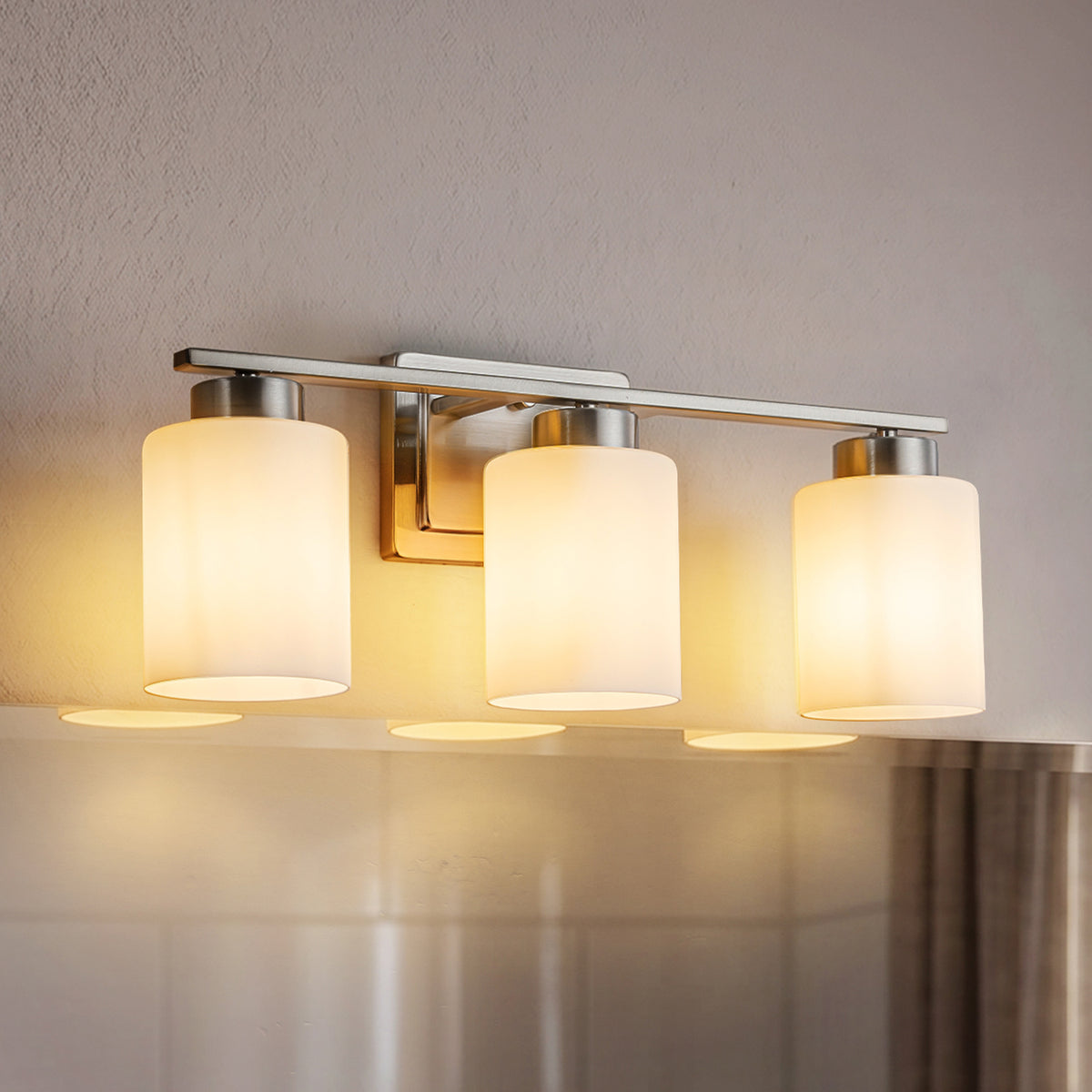 Modern Contemporary 3-Light Bathroom Vanity Light Satin Nickel Wall Sconce with Frosted Glass Shades 21-Inch Wall Mounted Fixture for Mirror Hallway