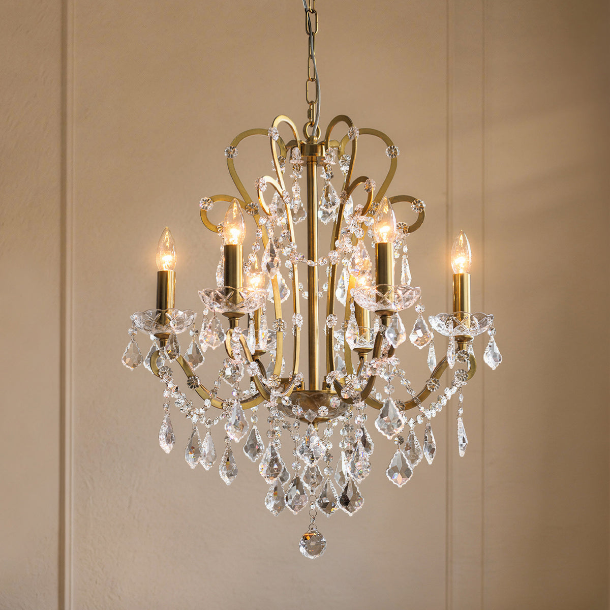 6-Light Crystal Chandelier with Brass Finish, Dimmable Ceiling Fixture
