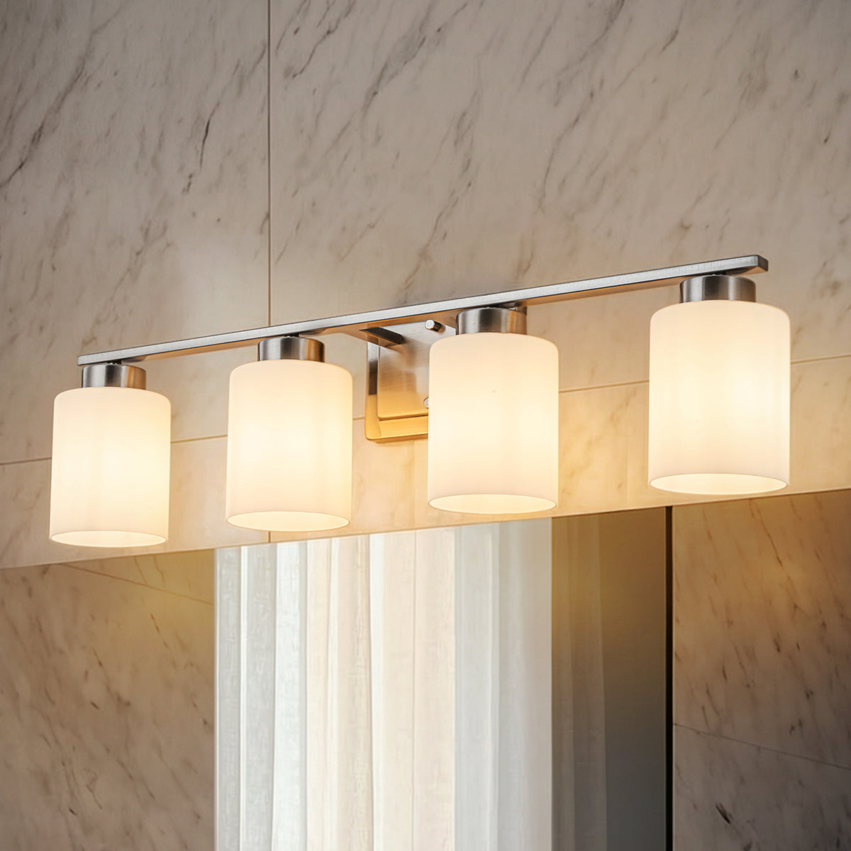Modern Contemporary 4-Light Bathroom Vanity Light Satin Nickel Wall Sconce with Frosted Glass Shades 29-Inch Wall Mounted Fixture for Mirror Hallway