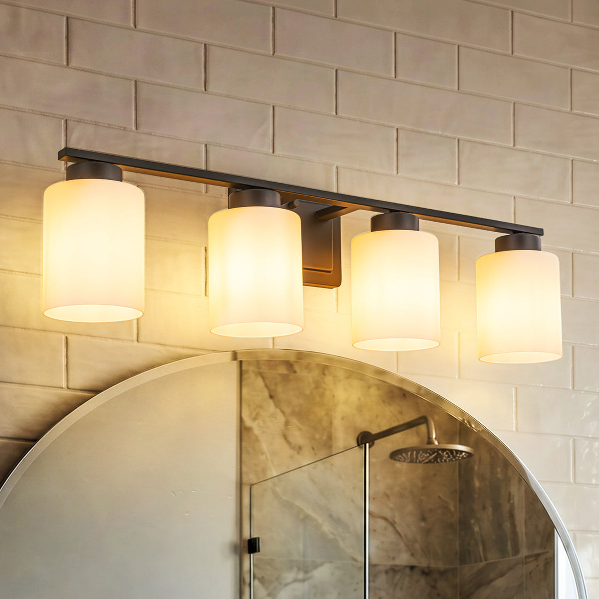 Modern Contemporary 4-Light Bathroom Vanity Light Dark Brown Wall Sconce with Frosted Glass Shades 29-Inch Wall Mounted Fixture for Mirror Hallway